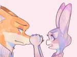  2020 anthro blush canid canine clothed clothing disney duo eye_contact fox fur grey_body grey_fur judy_hopps lagomorph leporid looking_at_another mammal nick_wilde open_mouth orange_body orange_fur painting_(artwork) pink_background rabbit red_fox side_view simple_background strawberry628_(artist) traditional_media_(artwork) watercolor_(artwork) zootopia 