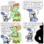  1:1 armor breasts clothed clothing comic dialogue english_text female green_body green_skin hair headgear helmet human knight larger_female male mammal marko_comics muscular muscular_female not_furry orc red_hair size_difference speech_bubble text tooth_necklace warrior yellow_eyes zira_(marko) 