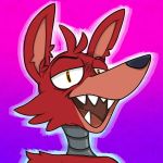  1:1 animatronic black_nose canid canine digital_media_(artwork) eyebrows five_nights_at_freddy&#039;s fox foxy_(fnaf) fur gradient_background half-closed_eyes looking_at_viewer machine male mammal narrowed_eyes open_mouth pyrocynical red_body red_fur robot simple_background smug solo teeth tongue unknown_artist video_games yellow_eyes 