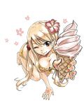  1girl bikini blonde_hair breasts brown_eyes cleavage earrings eyebrows_visible_through_hair fairy_tail flower food hair_between_eyes hair_flower hair_ornament hand_tattoo ice_cream ice_cream_cone jewelry kneeling large_breasts lucy_heartfilia mashima_hiro official_art one_eye_closed simple_background smile solo star_(symbol) star_earrings swimsuit white_background 