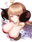  1girl :o ahoge anila_(granblue_fantasy) bare_shoulders blonde_hair breasts draph granblue_fantasy heart horns large_breasts light_brown_eyes long_hair one_eye_closed parted_lips sheep_horns shiny shiny_skin short_eyebrows sidelocks skindentation solo tenken_(gotannda) thick_eyebrows very_long_hair wavy_hair 