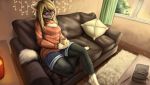  anthro barefoot beverage black_body black_fur blonde_hair blue_eyes bottomwear breasts candle cleavage_cutout clothed clothing crossed_legs cup curtains detailed detailed_background detailed_fur diary digital_media_(artwork) digital_painting_(artwork) dipstick_tail domestic_cat eyewear felid feline felis female fluffy fluffy_tail front_view fully_clothed fur fur_rug furniture glasses gloves_(marking) hair hair_over_eye hi_res high-angle_view holding_beverage holding_cup holding_object inside keyhole_turtleneck leg_markings living_room looking_at_viewer mammal markings multicolored_body multicolored_fur multicolored_tail on_sofa one_eye_obstructed pencil_(object) pillow pink_nose plantigrade relaxing rug ruo ruolina shorts sitting socks_(marking) sofa solo steam string_lights sweater tea thick_thighs topwear two_tone_body two_tone_fur white_body white_fur wide_hips window wood_floor yellow_sky 