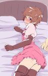  1boy akari_seisuke blonde_hair blush bow commentary_request crossdressing djeeta_(granblue_fantasy) fighter_(granblue_fantasy) gran_(granblue_fantasy) granblue_fantasy hair_bow highres on_bed solo sweatdrop wig wig_removed 