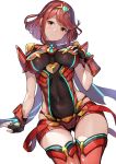  1girl absurdres bangs breasts breasts_apart chest_jewel covered_navel cowboy_shot earrings fingerless_gloves gloves head_tilt highres homura_(xenoblade_2) impossible_clothes jewelry koruse large_breasts looking_at_viewer red_eyes red_hair red_legwear red_shorts short_hair short_shorts shorts skindentation solo swept_bangs thigh_gap thighhighs tiara xenoblade_(series) xenoblade_2 