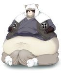  2015 anthro balls belly big_balls brown_body brown_fur canid canine doguma-sin fur genitals inugami_gyoubu_(monobeno) male mammal monobeno navel obese overweight overweight_male raccoon_dog simple_background sitting solo tanuki white_background 