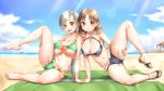  2girls alternate_costume barefoot beach beach_towel bikini black_bikini blue_sky breasts brown_eyes brown_hair chitose_(kantai_collection) chiyoda_(kantai_collection) cloud collarbone day frilled_bikini frills green_bikini grey_eyes grey_hair highres june_(ne_z_asa) kantai_collection large_breasts long_hair multiple_girls navel ocean outdoors ponytail short_hair sky swimsuit towel 