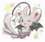  :3 ;d ahoge bat_wings blush bow brown_eyes commentary_request fang gen_5_pokemon grey_fur heart minccino neru_(neruneruru) one_eye_closed open_mouth pawpads pokemon pokemon_(creature) simple_background smile solo white_background wings 