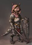  ambiguous_gender anthro armor blood blue_eyes bodily_fluids claws clothed clothing crestfallenartist ear_piercing ear_ring floppy_ears fully_clothed hi_res holding_object holding_weapon hood horn horn_ring knight kobold looking_at_viewer mace melee_weapon piercing plate_armor scalie shield simple_background solo standing toe_claws warrior weapon 