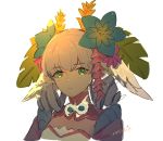  1girl backlighting bk-love flower green_eyes hair_flower hair_ornament head_wings leaf_hair_ornament looking_at_viewer makna_armour melia silver_hair solo upper_body white_background xenoblade_(series) xenoblade_1 
