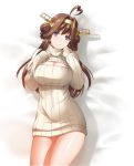  1girl ahoge alternate_costume breasts brown_hair byeontae_jagga cleavage_cutout double_bun graphite_(medium) grey_eyes hairband headgear heart_ahoge highres kantai_collection kongou_(kantai_collection) large_breasts long_hair long_sleeves meme_attire open-chest_sweater remodel_(kantai_collection) ribbed_sweater ribbon_trim solo sweater traditional_media turtleneck turtleneck_sweater white_sweater 