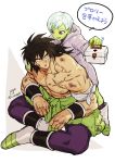  1boy 1girl bandage_on_face black_hair boots broly_(dragon_ball_super) bruise cheelai dragon_ball dragon_ball_super_broly first_aid_kit green_skin hand_on_another&#039;s_shoulder injury jacket looking_at_another muscle open_mouth pelt purple_eyes scar shirtless short_hair sinsin12121 sitting speech_bubble spiked_hair translation_request 