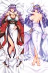  1girl anklet blush breasts camilla_(fire_emblem) commission dakimakura dress elbow_gloves fire_emblem fire_emblem_fates full_body gloves hair_ornament hair_over_one_eye japanese_clothes jewelry large_breasts long_hair looking_at_viewer lying megatama obi on_back parted_lips purple_eyes purple_hair sash shawl side_slit smile tabi tiara very_long_hair wavy_hair wedding_dress white_dress white_gloves wide_sleeves zouri 