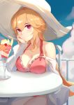  1girl absurdres azur_lane blonde_hair blue_sky breasts casual chair cherry cleavage cloud food frilled_swimsuit frills fruit hand_on_own_head hat highres ice_cream large_breasts looking_at_viewer off_shoulder one-piece_swimsuit pink_eyes richelieu_(azur_lane) richelieu_(flagship_in_the_sea_breeze)_(azur_lane) side-tie_swimsuit sidelocks sitting skai_kun sky swimsuit table 