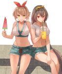  2girls bare_arms black_hair breasts casual cleavage collarbone denim denim_shorts drinking drinking_straw flipped_hair food fruit green_eyes hair_between_eyes hand_on_own_knee headband kantai_collection kasumi_(skchkko) large_breasts long_hair melon midriff multiple_girls mutsu_(kantai_collection) nagato_(kantai_collection) red_eyes short_hair short_shorts shorts sitting smile very_long_hair 