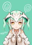  1girl aoi_tsunami bangs brown_eyes dress gloves green_background green_hair hands_up headpiece long_sleeves looking_at_viewer original parted_lips sidelocks simple_background solo spoken_expression twintails twitter_username upper_body white_dress white_gloves 
