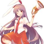  1girl animal_ears bangs blouse bunny_ears bunny_tail carrot character_request check_character chorefuji collared_blouse holding holding_megaphone long_hair necktie one_eye_closed open_mouth orange_skirt puffy_short_sleeves puffy_sleeves purple_hair red_eyes red_neckwear reisen_udongein_inaba shiny shiny_hair short_sleeves simple_background skirt socks solo tail tongue touhou very_long_hair white_background white_blouse white_legwear 
