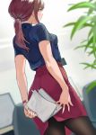  1girl black_legwear blue_shirt brown_hair commentary_request doushimasho from_behind highres holding holding_paper indoors lanyard looking_back nail_polish office_lady original pantyhose paper pencil_skirt ponytail shirt skirt solo watch wristwatch 