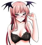  1girl adjusting_eyewear bat_wings bespectacled black_bra blush bra breasts cleavage collarbone glasses head_wings koakuma large_breasts light_smile long_hair looking_at_viewer looking_over_eyewear pointy_ears red_eyes red_hair sidelocks simple_background solo touhou underwear underwear_only upper_body white_background wings yumi_(careca398) 