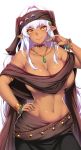  &gt;:) 1girl armlet bangs bracelet breasts choker closed_mouth commission cowboy_shot dark_elf dark_skin earrings elf groin hand_on_hip headband jewelry large_breasts looking_at_viewer megatama navel necklace original pointy_ears revealing_clothes sidelocks smile solo white_hair yellow_eyes 