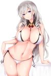  1girl absurdres algerie_(azur_lane) algerie_(white_sand_angel)_(azur_lane) arm_support azur_lane bangs bare_shoulders bikini black_flower black_rose blush breasts cleavage closed_mouth commentary_request cowboy_shot detached_collar drill_hair drill_locks eyebrows_visible_through_hair flower groin hair_between_eyes hand_on_hip highres large_breasts long_hair looking_at_viewer masaki_nanaya midriff mole mole_under_eye multi-strapped_bikini multiple_straps nail_polish navel neck_ribbon neckwear_between_breasts pink_nails purple_eyes red_neckwear red_ribbon ribbon rose sidelocks silver_hair simple_background skindentation smile solo standing swimsuit two-tone_bikini white_background white_bikini 