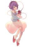  1girl bangs blouse blue_blouse bobby_socks buttons chorefuji closed_mouth eyebrows_visible_through_hair frilled_shirt_collar frills hairband heart holding knees komeiji_satori long_sleeves purple_eyes purple_hair red_footwear short_hair simple_background skirt slippers socks solo touhou white_background white_legwear wide_sleeves 