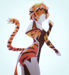  1girl animal_ears arknights ass bangs black_hair china_dress chinese_clothes closed_mouth commentary dress fur furry glasses gloves highres looking_at_viewer multicolored_hair orange_eyes orange_fur orange_hair pelvic_curtain self_upload solo streaked_hair tail thick_eyebrows thomas_anrytmik tiger_ears tiger_girl waai_fu_(arknights) white_hair 