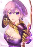  1girl arrow_(projectile) artist_name bernadetta_von_varley bow_(weapon) breasts chinchongcha cleavage earrings fire_emblem fire_emblem:_three_houses gloves hair_ornament highres holding holding_bow_(weapon) holding_weapon jewelry open_mouth purple_eyes purple_hair solo upper_body weapon yellow_gloves 