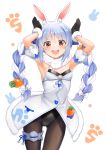  1girl :d absurdres animal_ear_fluff animal_ears armpits arms_up ass_visible_through_thighs bangs bare_shoulders black_gloves black_leotard blue_hair blush bow braid breasts brown_hair brown_legwear bunny_ears bunny_pose carrot_hair_ornament commentary_request detached_sleeves dress eyebrows_visible_through_hair food_themed_hair_ornament fur-trimmed_dress fur-trimmed_gloves fur_trim gloves hair_between_eyes hair_bow hair_ornament hakuya_kung highres hololive leotard long_hair multicolored_hair open_mouth pantyhose parted_bangs puffy_short_sleeves puffy_sleeves round_teeth short_eyebrows short_sleeves small_breasts smile solo strapless strapless_dress strapless_leotard teeth thick_eyebrows twin_braids twintails two-tone_hair upper_teeth usada_pekora very_long_hair virtual_youtuber white_background white_bow white_dress white_hair white_sleeves 