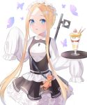  1girl abigail_williams_(fate/grand_order) artist_request bangs black_skirt blonde_hair blue_eyes blush breasts bug butterfly dress fate/grand_order fate_(series) forehead heroic_spirit_festival_outfit highres insect key keyhole layered_skirt long_hair long_sleeves looking_at_viewer maid_headdress open_mouth parfait parted_bangs sash simple_background skirt sleeves_past_fingers sleeves_past_wrists small_breasts stuffed_animal stuffed_toy teddy_bear tray white_dress 