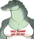  absurd_res alligator alligatorid anthro breasts bust_portrait cleavage clothed clothing crocodilian english_text female glacierclear green_body green_scales hi_res non-mammal_breasts portrait profanity reptile scales scalie sharp_teeth simple_background solo teeth text white_background 