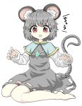  1girl animal_ears bangs capelet chups dress eyebrows_visible_through_hair grey_dress grey_hair highres jewelry long_sleeves looking_at_viewer medium_hair mouse_ears mouse_tail nazrin red_eyes simple_background solo tail touhou white_background white_sleeves 
