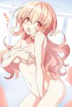 1girl blush breasts compa covering covering_breasts covering_crotch eyebrows_visible_through_hair iwasi-r large_breasts long_hair looking_at_viewer navel neptune_(series) nude open_mouth pink_eyes pink_hair sketch 