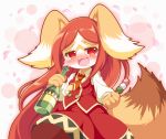  1girl :3 :d animal_ears blush bottle brown_fur brown_hair chantico_(fullbokko_heroes) cherry_blossoms commentary_request cowboy_shot dango dog dog_ears dog_girl drooling drunk food fullbokko_heroes furry holding holding_bottle holding_food long_hair long_sleeves neru_(neruneruru) no_hat no_headwear open_mouth red_eyes saliva simple_background smile solo two-tone_fur wagashi white_background white_fur 