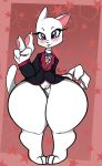  absurd_res angelface anthro blush bottomless bow_tie clothed clothing domestic_cat felid feline felis female genitals gesture hi_res mammal pubes pussy solo thick_thighs v_sign white_body 