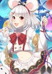  1girl :d =_= animal animal_ears balloon bangs blue_sky blunt_bangs blush bow bowtie brooch buttons cheese cloud collared_shirt commentary crop_top crop_top_overhang day eating eyebrows_visible_through_hair fake_animal_ears food frilled_skirt frills granblue_fantasy hair_ornament hairclip heart holding_balloon jewelry long_sleeves looking_at_viewer midriff mouse mouse_ears navel open_mouth pleated_skirt red_bow red_eyes rktsm shawl shirt short_hair sidelocks silver_hair skirt sky smile solo_focus upper_body vikala_(granblue_fantasy) white_shawl white_shirt white_skirt 