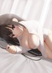  1girl bed_sheet black_hair bra breasts cleavage collarbone collared_shirt highres large_breasts long_hair long_sleeves looking_at_viewer lying no_pants on_side open_clothes open_shirt original panties red_eyes reinama shirt sidelocks solo thighs underwear white_bra white_panties white_shirt 