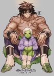  1boy 1girl artist_name black_hair boots broly_(dragon_ball_super) cheelai dated dragon_ball dragon_ball_super_broly green_skin grey_background jacket pelt purple_eyes scar shirtless sinsin12121 sitting sitting_on_lap sitting_on_person smile spiked_hair white_hair 