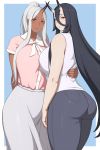  2girls asahi_(lvl) ass black_hair bow breasts bushu_(lvl) buttons dark_skin denim hair_over_eyes hand_on_another&#039;s_waist highres horns huge_breasts jeans long_hair looking_at_viewer lvl_(sentrythe2310) multiple_girls oni oni_horns original pale_skin pants pink_shirt pointy_ears red_eyes shirt simple_background single_horn skirt sleeveless sleeveless_shirt very_long_hair white_hair white_shirt white_skirt 