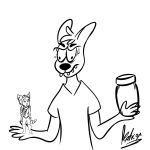  1:1 5_fingers absurd_res ambiguous_gender anthro bodily_fluids clothing duo faticox_(artist) figurine fingers hair hi_res humor jar lagomorph leporid lombax male mammal meme monochrome narrowed_eyes rabbit ratchet_and_clank rift_apart_lombax shirt squint sweat teeth topwear video_games 