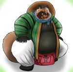  2020 absurd_res anthro belly bottomwear brown_body brown_fur bulge canid canine clothing fur hat headgear headwear hi_res humanoid_hands inugami_gyobu kemono male mametanu_tanuki mammal overweight overweight_male pants raccoon_dog scar scarf simple_background solo tanuki text white_background 