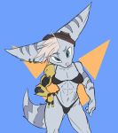  absurd_res anthro breasts cybernetics ear_piercing eyewear female goggles hi_res lombax looking_at_viewer machine mammal muscular muscular_female muu piercing prosthetic prosthetic_limb ratchet_and_clank rift_apart_lombax simple_background solo video_games 
