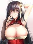  1girl absurdres ahoge armpits arms_behind_head arms_up azur_lane bangs bare_shoulders black_hair blush breasts bridal_gauntlets bursting_breasts china_dress chinese_clothes cleavage cleavage_cutout closed_mouth collarbone commentary_request crossed_bangs dress eyebrows_visible_through_hair eyelashes flower gradient gradient_background hair_between_eyes hair_ornament half-closed_eyes highres jewelry large_breasts lips long_hair looking_at_viewer masaki_nanaya red_dress red_eyes sidelocks skindentation smile solo taihou_(azur_lane) taihou_(phoenix&#039;s_spring_song)_(azur_lane) very_long_hair white_flower 