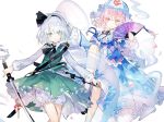  2girls black_hairband bloomers fan ghost green_eyes green_shirt green_skirt hairband holding holding_fan katana konpaku_youmu leaf multiple_girls nuudoru pink_hair red_eyes saigyouji_yuyuko shirt silver_hair skirt sword touhou underwear weapon white_background 