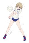  1girl brown_eyes buruma dated full_body gym_uniform hair_ornament hairclip hands_together light_brown_hair open_mouth original shirt shoes short_hair short_sleeves signature simple_background sneakers sosa tareme volleyball werkbau white_background white_shirt 