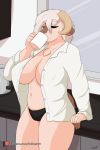  2:3 abbie_(cainesart) anthro big_breasts bovid breasts cainesart caprine clothed clothing coffee_mug eyes_closed female hi_res horn mammal open_shirt panties sheep shirt solo text topwear underwear url 