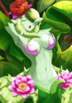  1girl alraune arm_up armpits bra breasts character_request cleavage closed_eyes commentary detached_sleeves eyebrows_behind_hair flower green_hair green_skin green_sleeves groin hair_between_eyes hair_flower hair_ornament hands_up highres jojobirdz large_breasts leaf monster_girl navel open_mouth pink_bra pink_flower plant plant_girl plant_hair red_flower red_rose rose shantae_(series) sidelocks solo stomach strapless strapless_bra stretch thorns underwear upper_body upper_teeth vines water_lily_flower yawning 