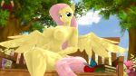  16:9 3d_(artwork) anthro apple arthropod bench big_breasts book breasts butterfly digital_media_(artwork) equid equine female fluttershy_(mlp) food friendship_is_magic fruit hi_res insect lepidopteran looking_at_viewer loveslove mammal my_little_pony nipples nude outside pegasus plant sitting smile solo tree widescreen wings 