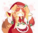  1girl animal_ears bare_shoulders blush brown_fur brown_hair chantico_(fullbokko_heroes) closed_eyes commentary_request cowboy_shot detached_sleeves dog dog_ears dog_girl fullbokko_heroes furry headwear long_hair long_sleeves meme neru_(neruneruru) pawpads red_sleeves salt_bae_(meme) simple_background smug solo two-tone_fur white_background white_fur 