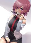  1girl bare_shoulders black_dress blush breasts closed_mouth dress fate/grand_order fate_(series) glasses grey_jacket hair_over_one_eye highres jacket lavender_hair long_sleeves looking_at_viewer mash_kyrielight necktie off_shoulder open_clothes open_jacket purple_eyes red_neckwear short_hair sleeveless sleeveless_dress user_ukac2333 