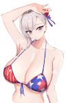  1girl absurdres american_flag_bikini arm_up armpits asymmetrical_hair bangs bare_shoulders bikini blue_eyes blush breasts bun_cover cleavage collarbone fate/grand_order fate_(series) flag_print hair_bun hanasaki_houcha highres large_breasts long_hair looking_at_viewer miyamoto_musashi_(fate/grand_order) miyamoto_musashi_(swimsuit_berserker)_(fate) navel open_mouth pink_hair side_bun swept_bangs swimsuit 